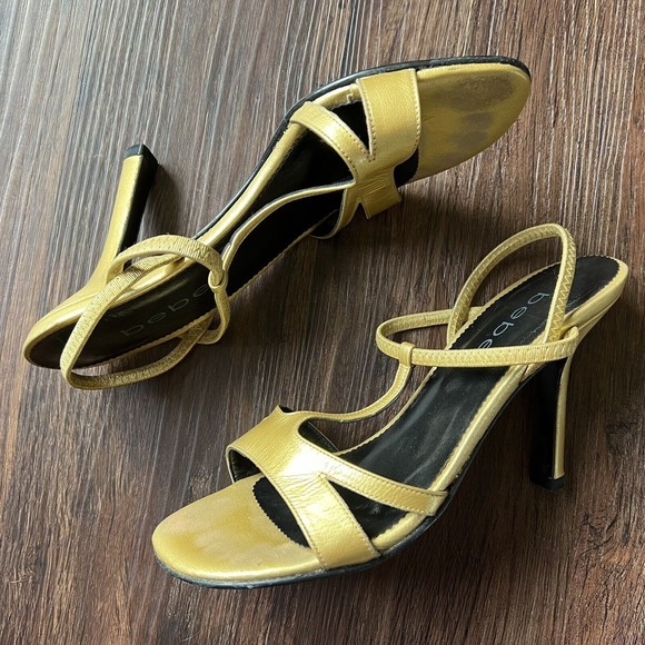 Bebe Sandals Size 6.5 Gillie Crossover Strappy Slingback Heels Metal Gold Yellow - Picture 1 of 8